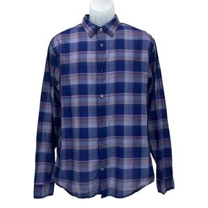 Vince Men's Large Plaid Button-Up Blue Purple‎ 100% Cotton Long Sleeve Casual